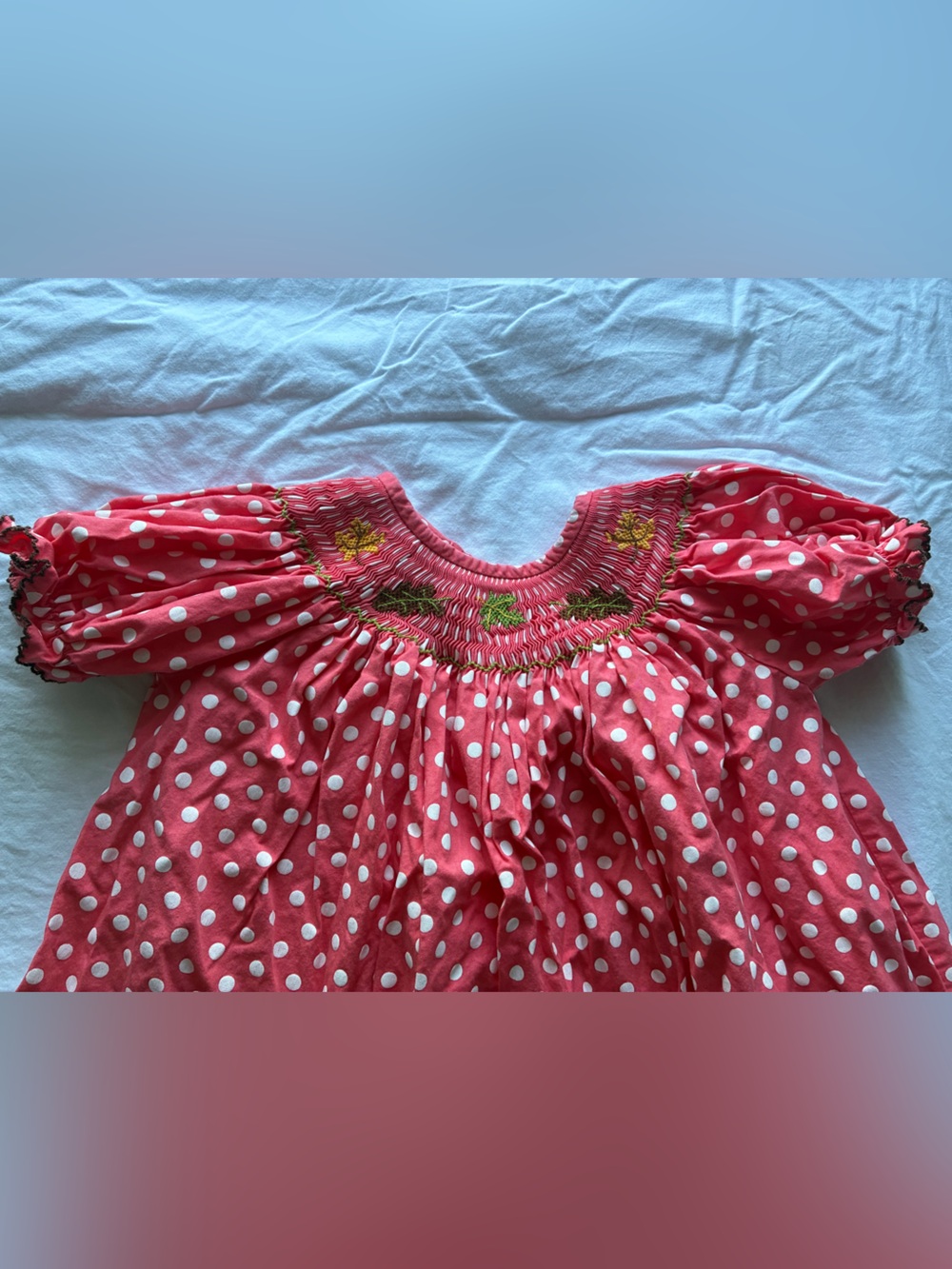 2T Girls Pink Polka Dot Smocked Bishop Dress with Embroidery- Fall Leaves 🍁